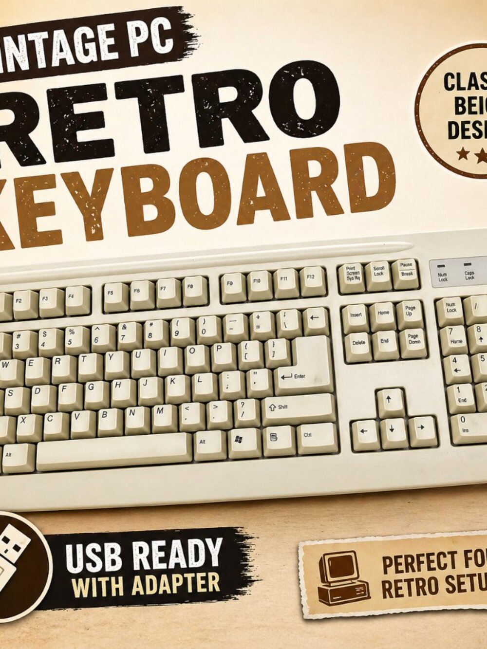 Mitsumi Vintage Beige Keyboard PS/2 Adapter USB Tested Working Full Size 104 Key